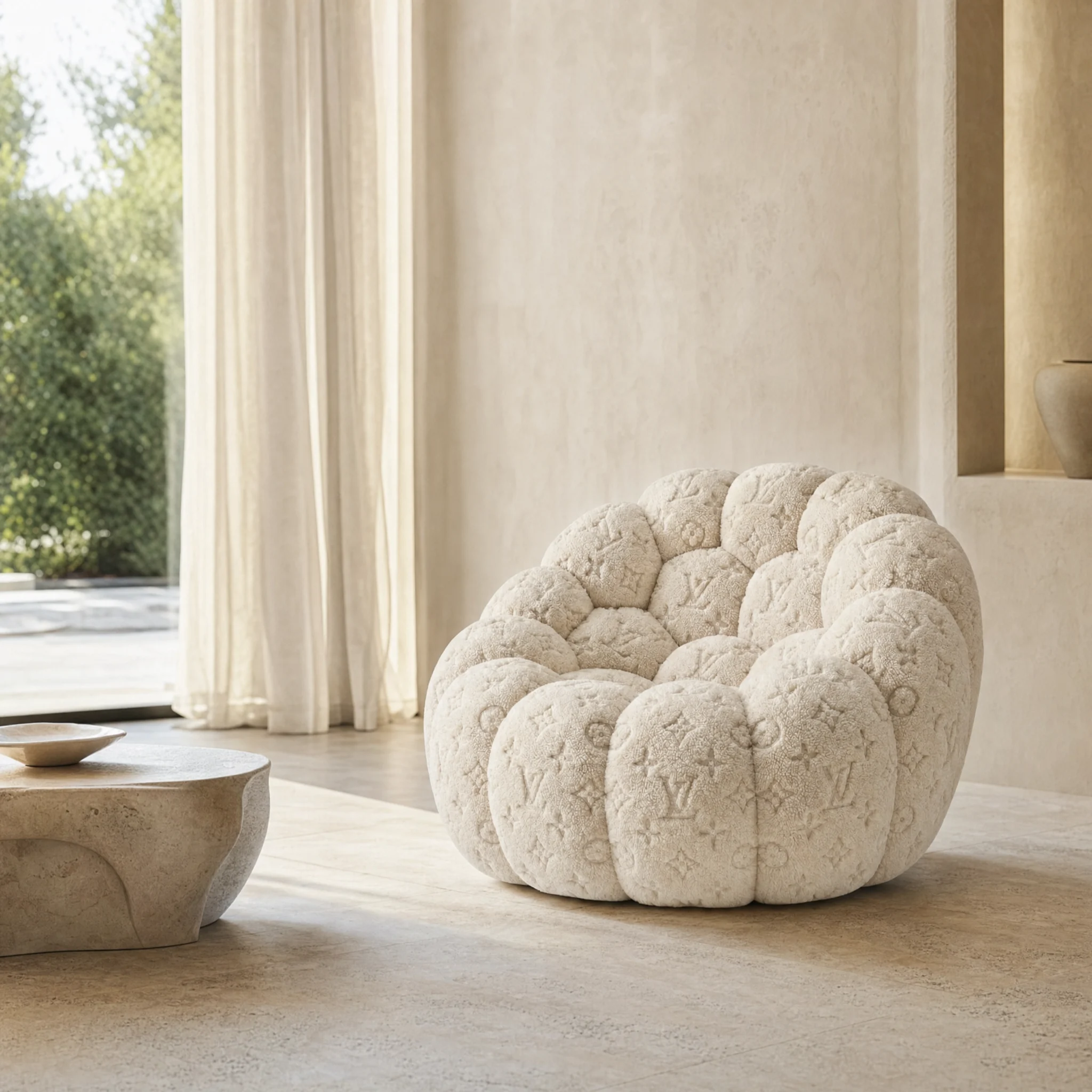 Beige Monogram Lounge beside a travertine table and linen curtains