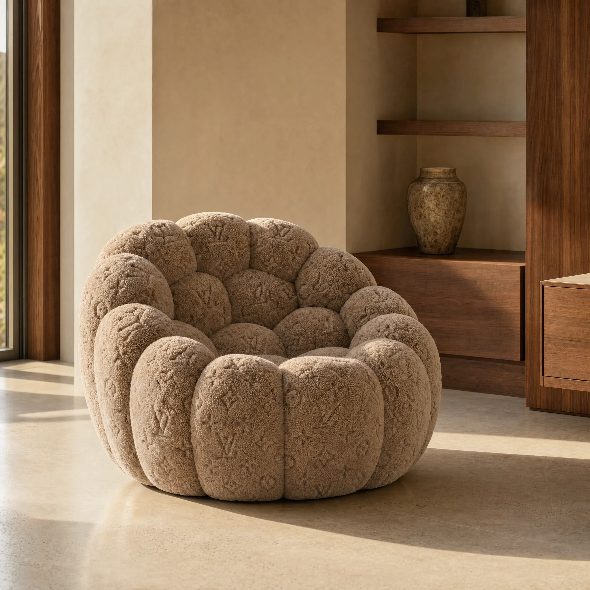 Brown Monogram Lounge with warm walnut furniture