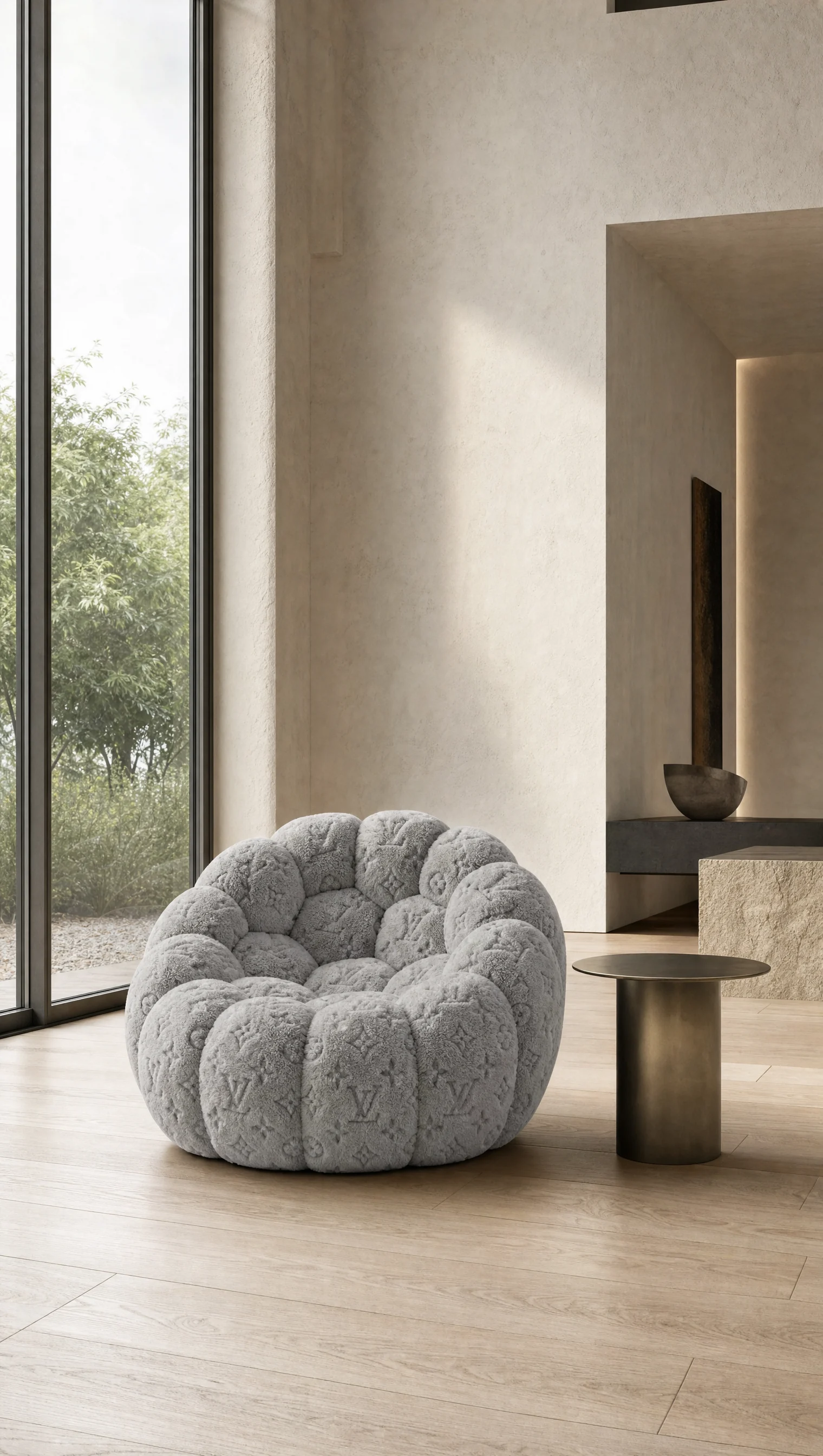 Grey lounge chair with floor-to-ceiling windows